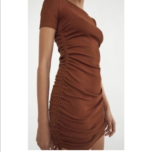 ZARA T Shirt Mini Dress Brown Ribbed Ruched - Picture 1 of 2
